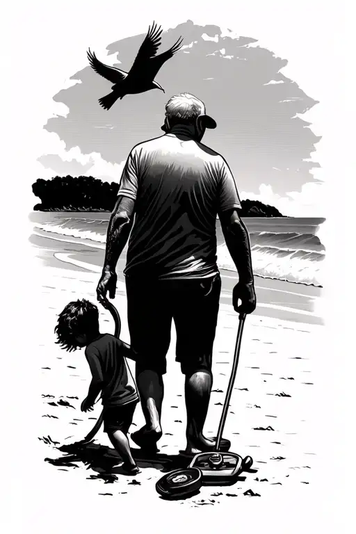 Older Man Walking With Metal Detector And Kid On Beach With Bird Over Him