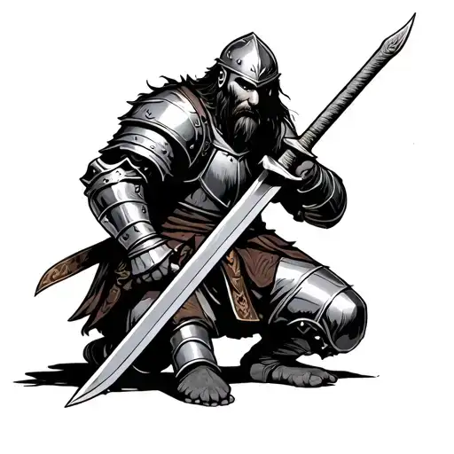 Medieval Knight Slash Viking Kneeling With A Sword