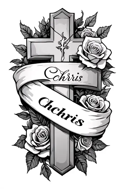 Cross Wrapped Loosely With Roses And The Name Chris On The Wrap