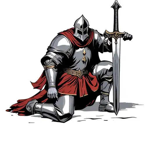 Crusader Knight Kneeling Down With A Sword