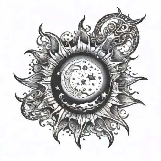 Sun On Forground And Moon On The Background 2 Stars Around It