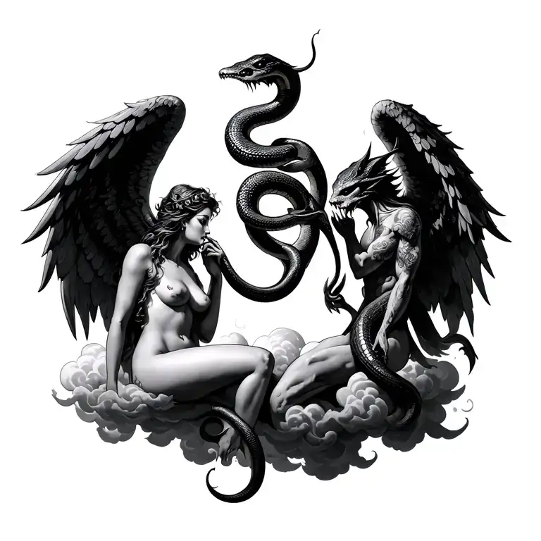 Sexy Angel Being Friends With Demon Holding A Snake In The Clouds