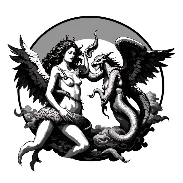Sexy Angel Being Friends With Demon Holding A Snake In The Clouds Earthy Shading