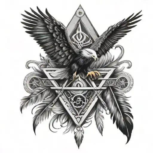 An Abstract Design Combining Masonic Icons And Eagle Feathers In A Black-grey Palette