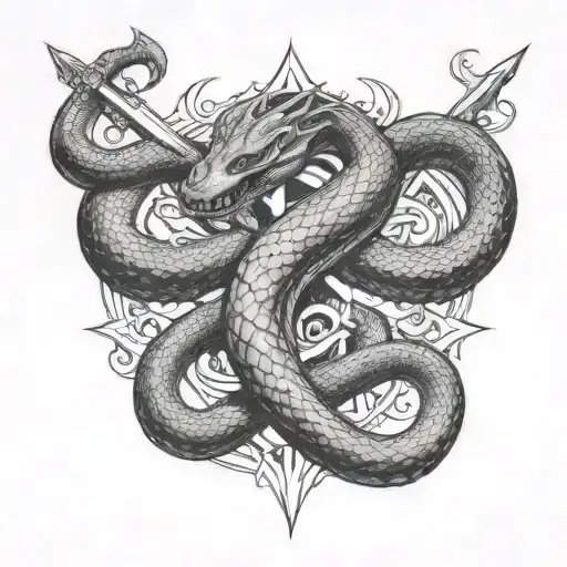 Two Pythons Wrapped Around Two Crossed Swords With Flames And A Hindu Aum Sign
