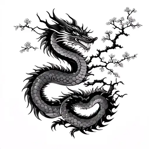 Japanese Dragon And Cherry Tree