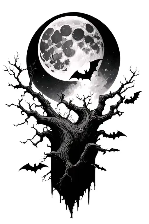 Poison Tree Branches With A Moon Under It And Bats