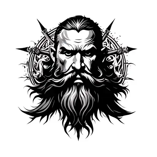 Antique Warrior Bearded Facing Front Psychelic Background Black And White Realistic Style
