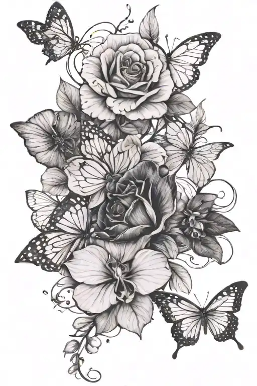 A Realistic Black And Grey Tattoo Of A Rose And Orchid Intertwined With Butterfly Wings