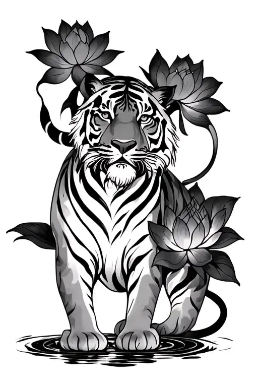 Tiger And Lotus Flower