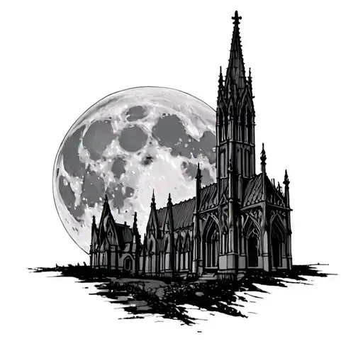 Full Moon Foreground Gothic Catherdral In Background