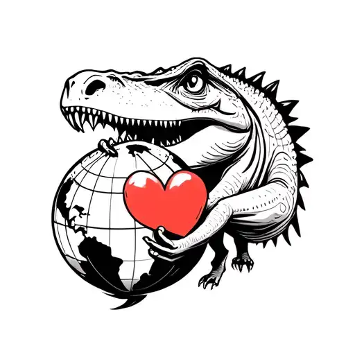 Cute Simple Line Drawing Of A Trex Holding A Heart And A Globe