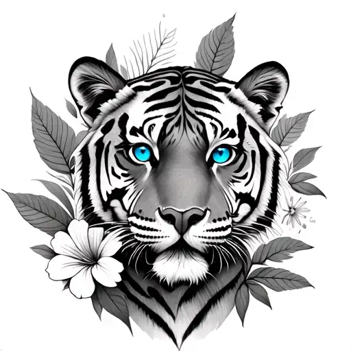 Tiger With Blue Eyes Hiding Behind Leafs And Flowers