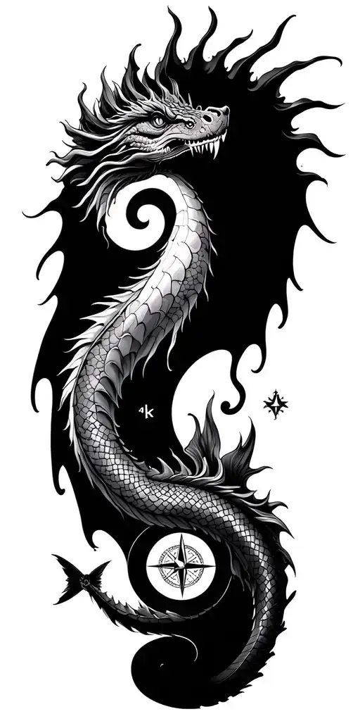 Water Dragon And Nautical Compass With Penes And Two Yin Yang Fish