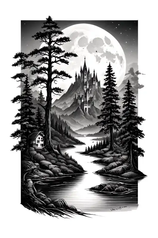 In Depth Trees And Rivers With Mountains With A Castle In The Backround With The Moon