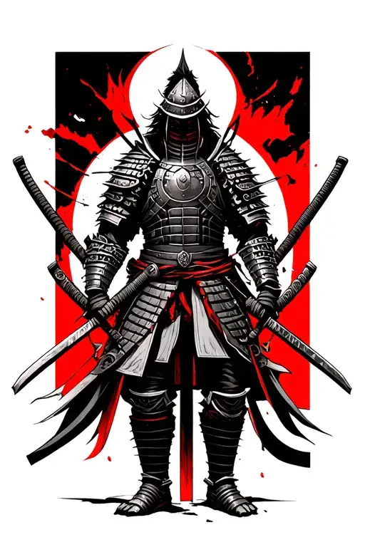 Samurai Full Armor Wielding Two Swords Black And White With Little Red