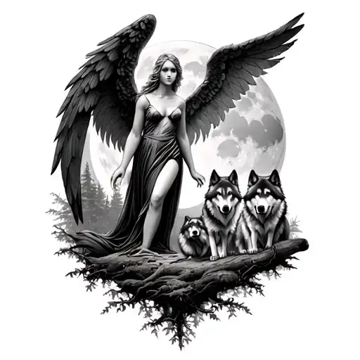 Angel In The Forest At Full Moon With Wolves