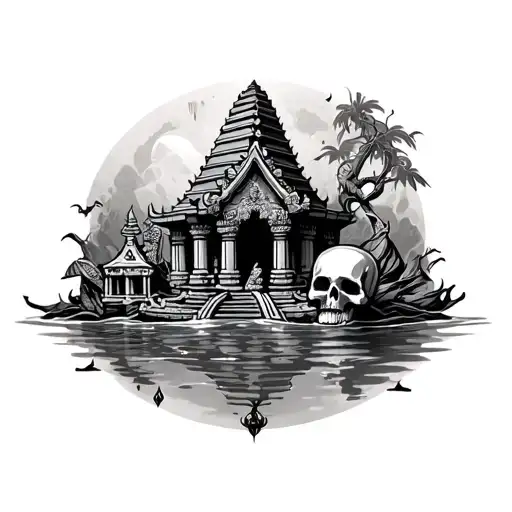 Temple Under Water With A Treasure And A Skull Seating Next To It