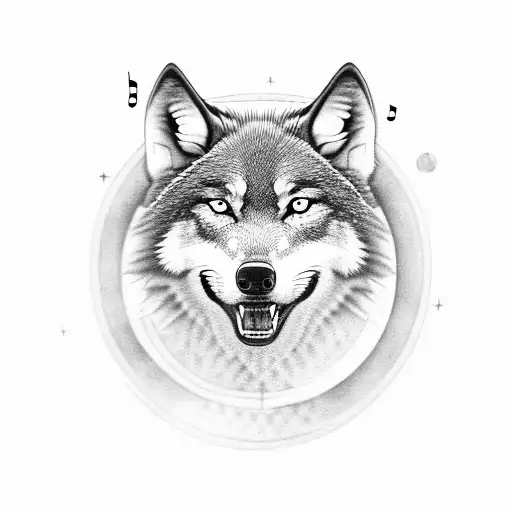 A Black-grey Tattoo Of A Wolf Howling At A Full Moon With Music Notes Around It