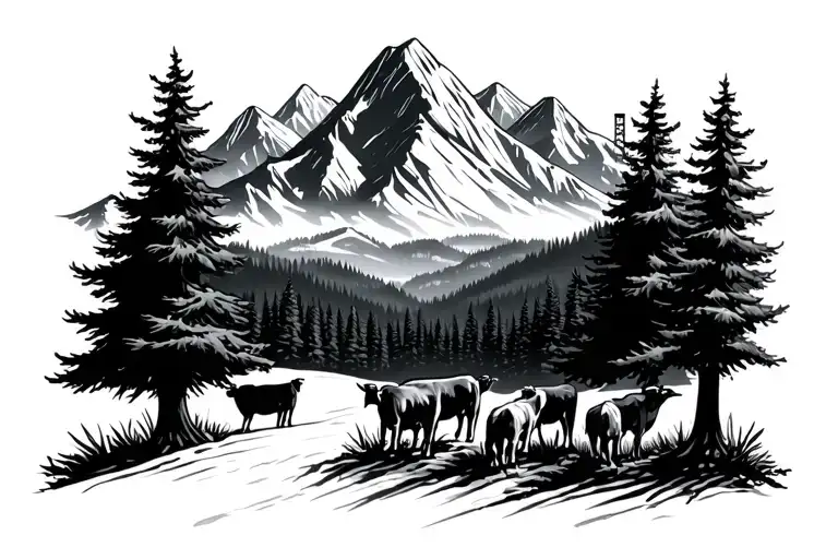 Alp Elevator Cows Set Trees Mountains And Forest