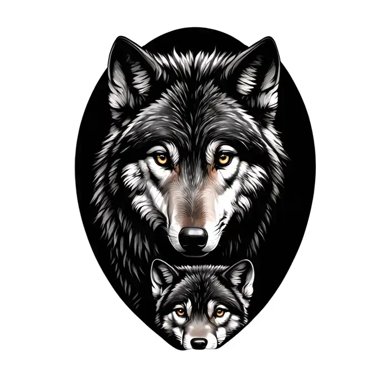 Wolf And Two Cubs Face Only