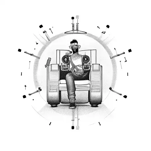 A Music Producer Sitting On A Throne Made Of Tattoo Guns