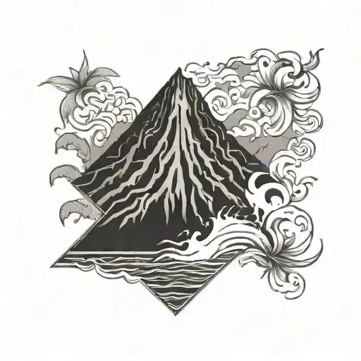 A Tattoo Of A Hawaiian Volcano Erupting With Lava Flowing Into A Geometric Patterned Ocean