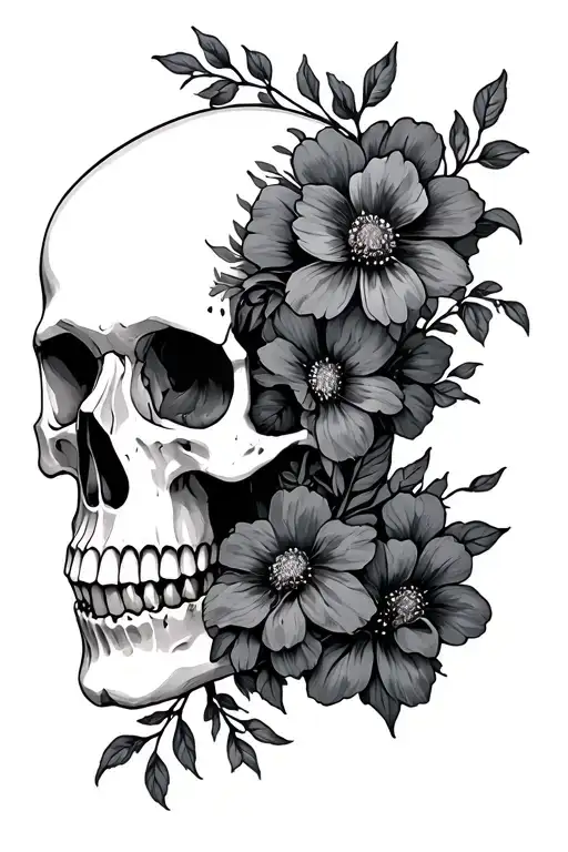 Half Skull And Flower Bouquet
