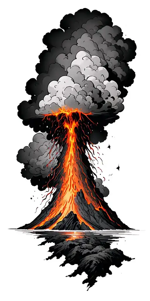 Volcano With Flowing Lava And Clouds