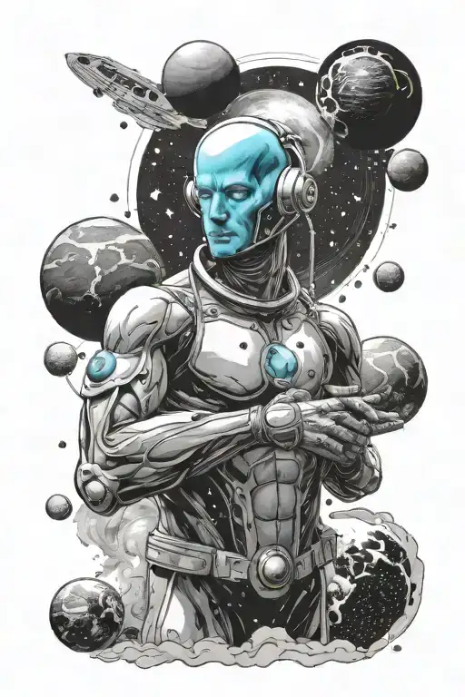 Dr Manhattan And Planets Orbiting Astronaut With Earth