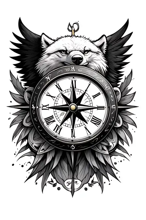 Eagle Wolf Clock Compass Rose Surrounded