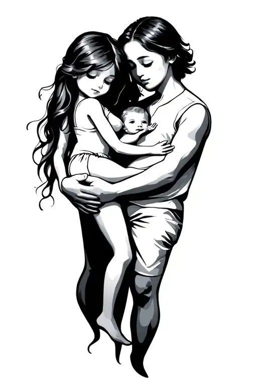 Father Daughter Holding Hands Amd Holding Baby Girl In Arms