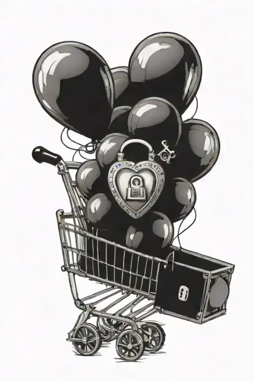 Shooping Cart And Black Baloons And A Heart And A Key And A Lock