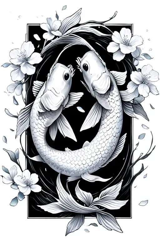 Cherry Blossom Petals Falling Onto 2 Koi Fish