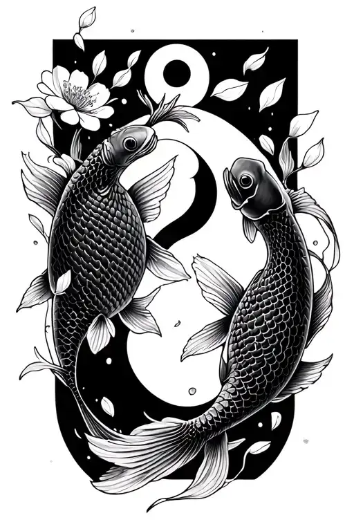 Cherry Blossom Petals Falling Onto 2 Koi Fish Swimming In A Ying Yang Style