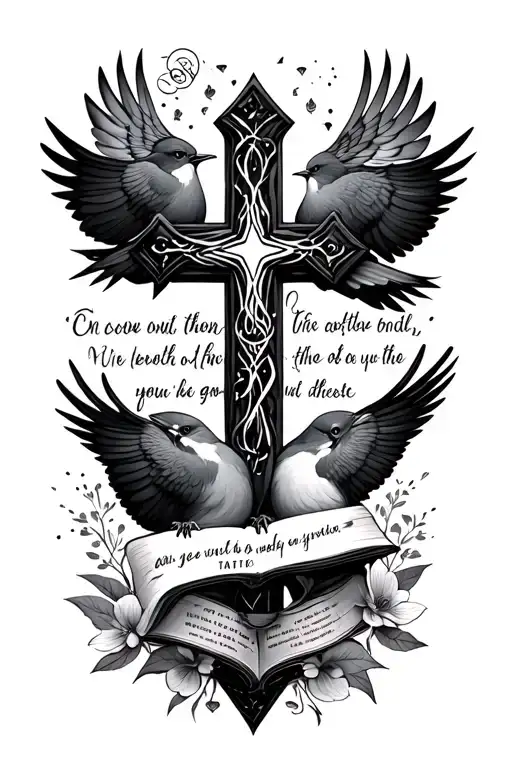 Birds Cross And Bible Verse Written