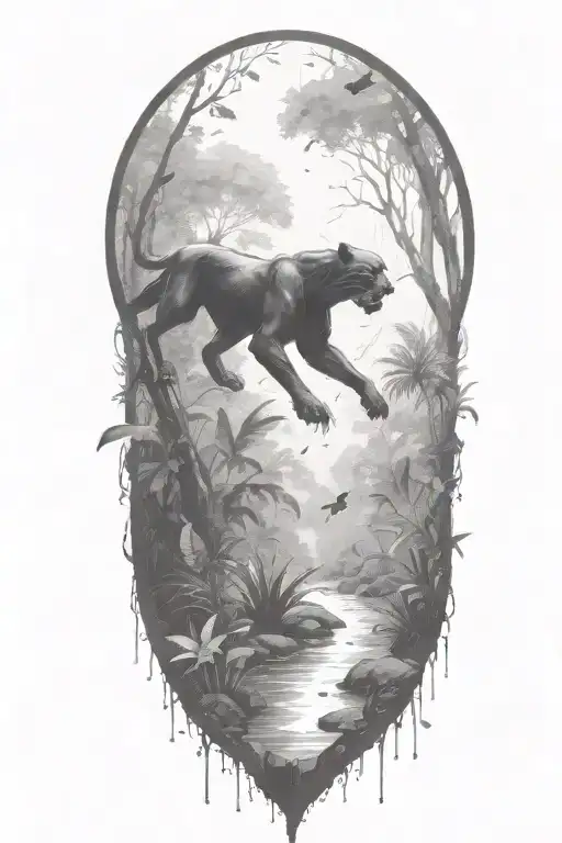 Black Panther Running At An Angle In A Rainforest With Rain Falling And Birds Flying Around