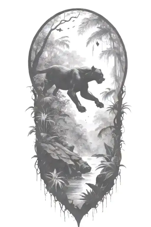 Black Panther Running At An Angle In A Rainforest With Rain Falling And Birds Flying Around