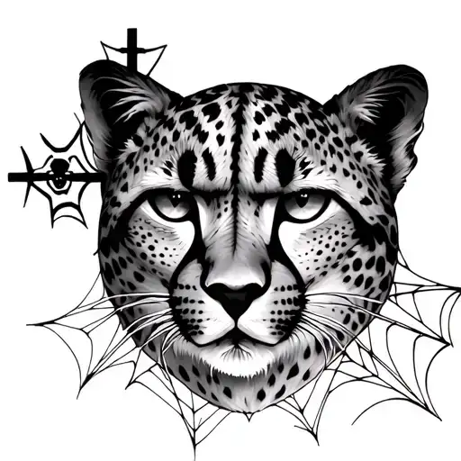 Cheetahs Eyes With Cross And Spider Web Around It