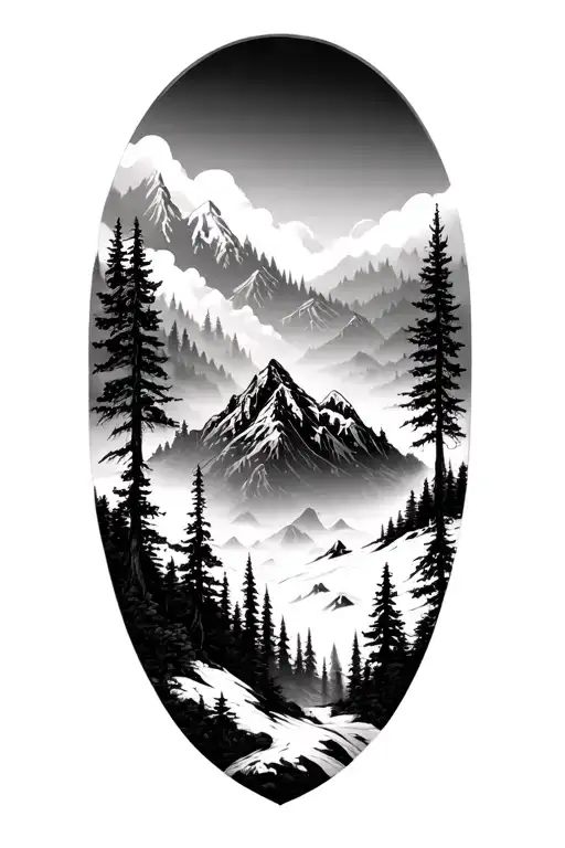 Blackwork Mountain Forest Tattoo Sleeve