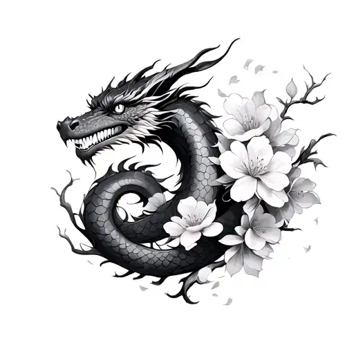 A Dragon Or Serpent With Sakura Petals In Full Shoulder Non Color