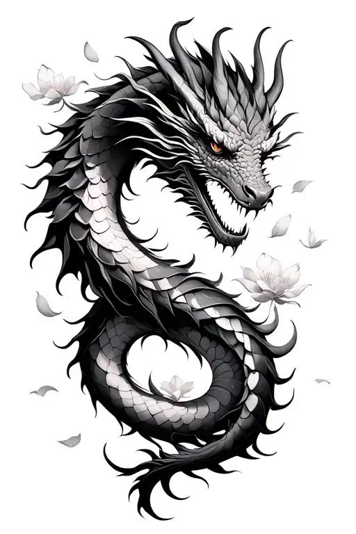 A Dragon Or Serpent With Sakura Petals In Full Shoulder Non Color