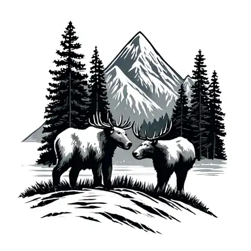 Pine Forest With Mountains And A Elk And A Bear