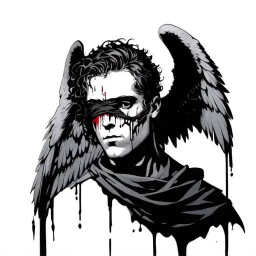 Male Angel With Bloody Cloth Over Eyes Surrounded