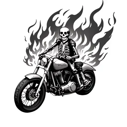 Skeleton Riding A Motorcycle Thru Fire