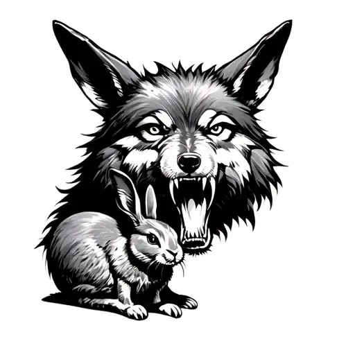 Snarling Wolf Protecting A Rabbit