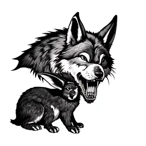 Snarling Wolf Protecting A Rabbit