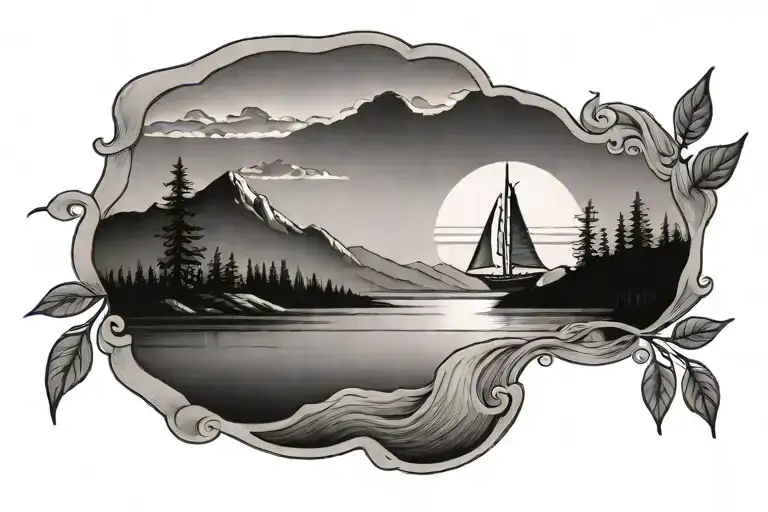 A Small Sailboat On A Lake In Front Of Two Rolling Hills And The Sun Cresting The Hill