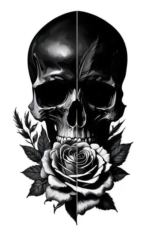 Half Skull And Roses With Feather