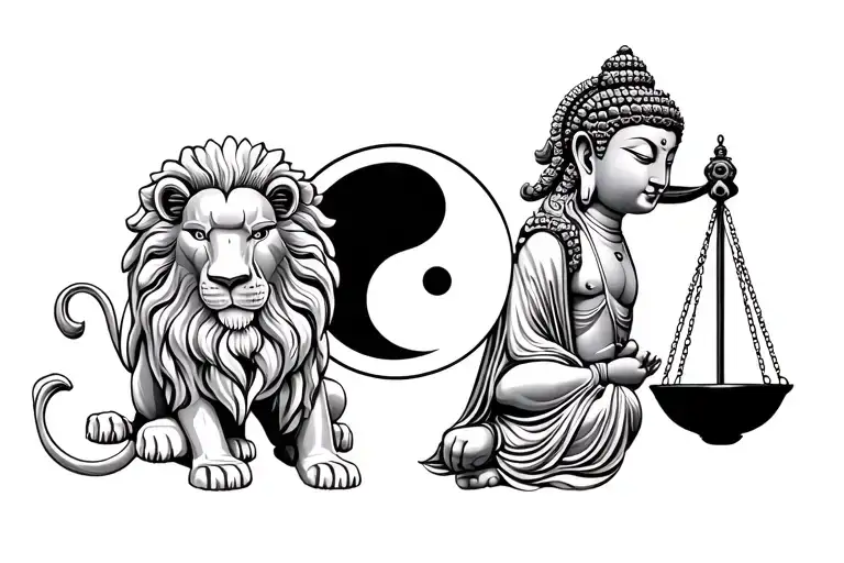 Buddha And Lion Mixed With Ying Yang Balance Scale